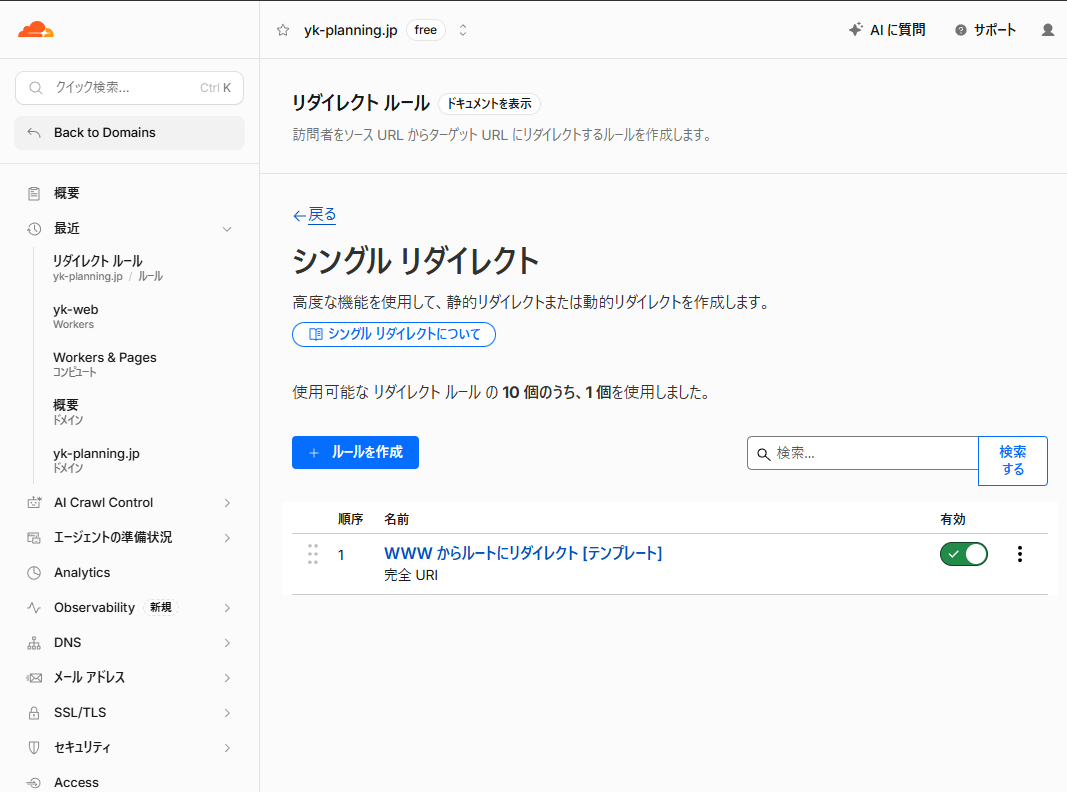 シングル リダイレクトの一覧。「WWW からルートにリダイレクト [テンプレート]」が1件あり、有効のスイッチが緑色でオンになっている